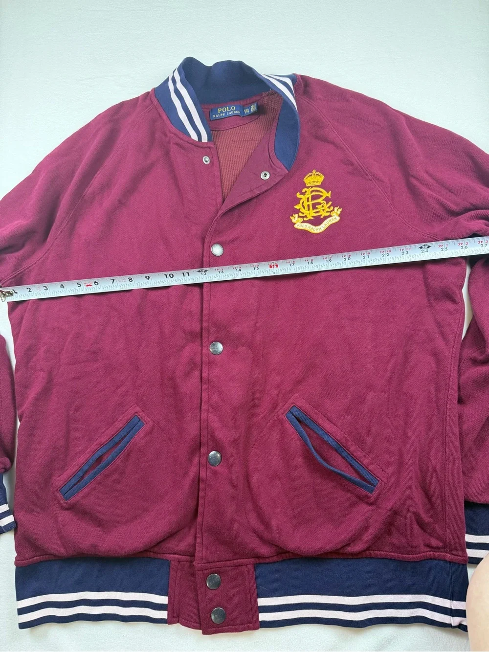 Polo Ralph Lauren Varsity Jacket Men’s XXL Burgundy Blue Snap Front Logo Bomber